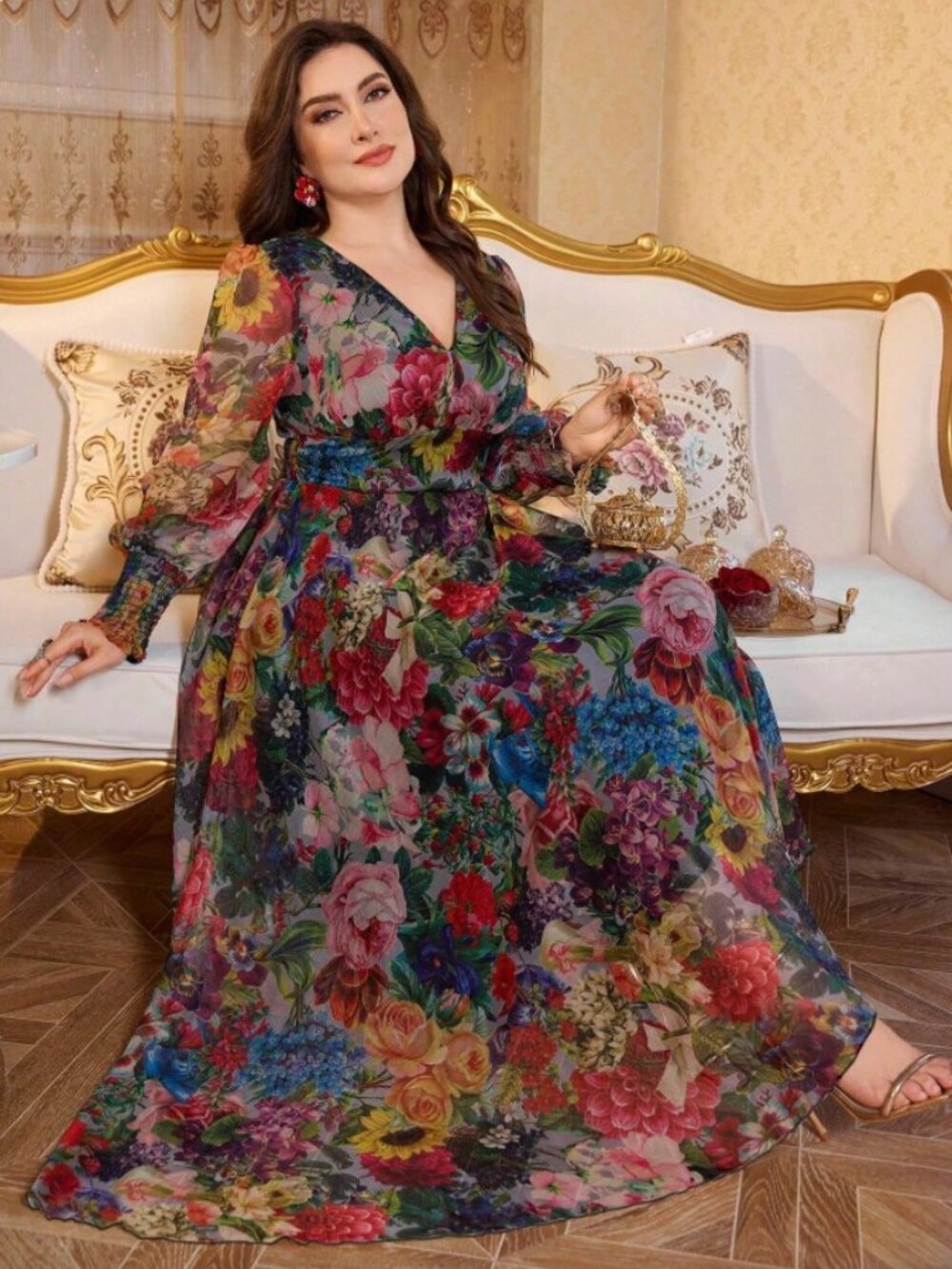 High-End Long Wrap Dress With Wide Hem, V-Neck, Long Sleeve